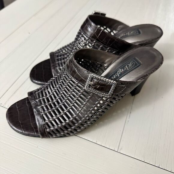 Brighton Pewter Silver Woven Reed Slides with Buckle Open Toe High Heels 7.5 - Picture 1 of 11